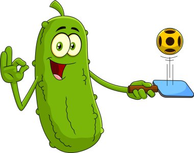 Komik Turşu Çizgi Film Karakteri Sunar Pickleball. Raster Hand Çizim Resimleri Beyaz Arkaplanda İzole Edildi