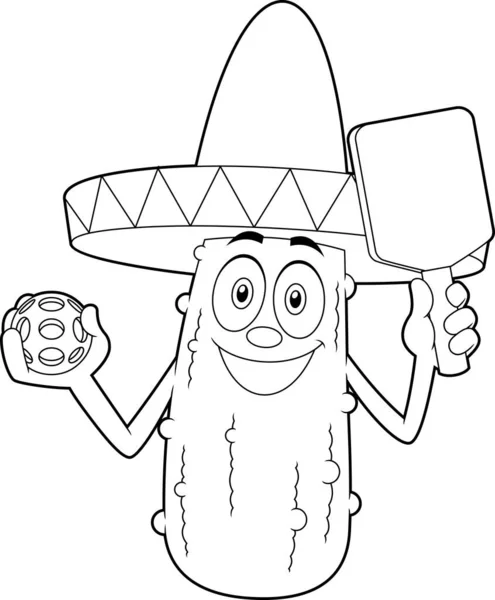 メキシコのピックル漫画キャラクターは ピックルボールとパドルラケットを保持しています ホワイトバックグラウンドでラスター手描きイラストを分離 — ストックベクタ