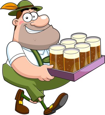 German Oktoberfest cartoon illustration of a man holding tray with beer