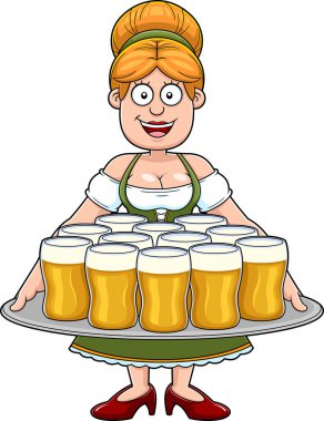 Alman Oktoberfest karikatür karikatürü, elinde bira tepsisi tutan bir kadının