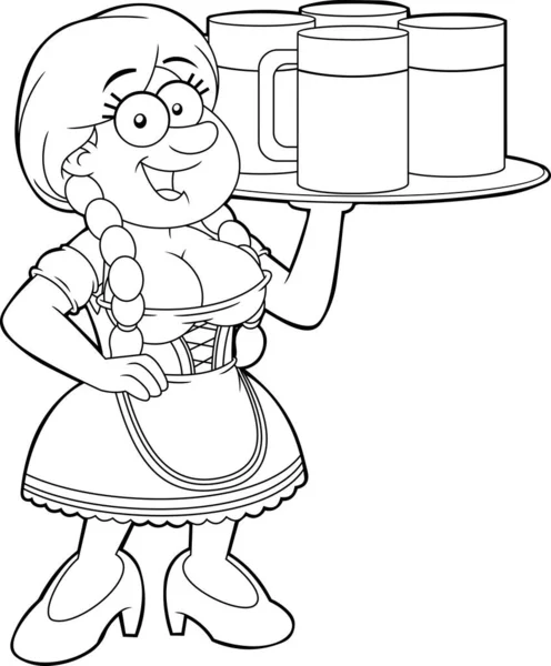 Ασπρόμαυρη Γερμανική Oktoberfest Εικονογράφηση Κινουμένων Σχεδίων Μιας Γυναίκας Κρατώντας Δίσκο — Διανυσματικό Αρχείο
