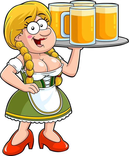 ドイツのオクトーバーフェスト漫画 ビールでトレイを保持している女性のイラスト — ストックベクタ