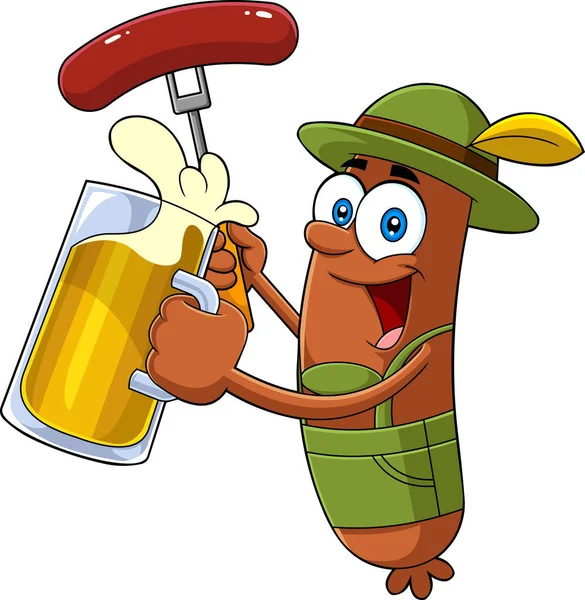 German Oktoberfest Sausage Cartoon Character Holding Beer Weenie Fork Rastrová — Stockový vektor