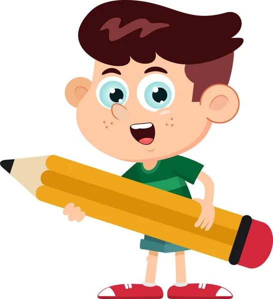 男孩卡通人物手持铅笔 矢量插图 — 图库矢量图片