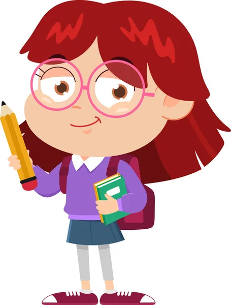 Cute Little School Girl Ołówkiem Książek — Wektor stockowy