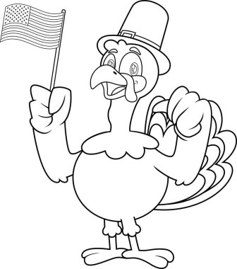 ABD Bayrağı Sallayan Sevimli Hacı Çizgi Filmi Karakteri. Vektör El Çizimi Görünümü Şeffaf Arkaplanda İzole Edildi