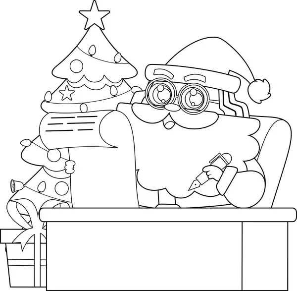 Очерченный Персонаж Мультфильма Санта Клауса Проверяющий Список Бумажных Свитков Векторная — стоковый вектор