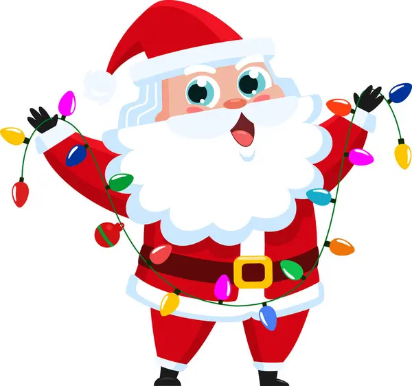 Happy Santa Claus Cartoon Character Christmas Lights Vektorové Ilustrace Plochý — Stockový vektor
