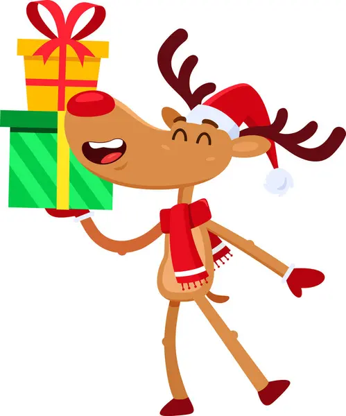 Happy Christmas Reindeer Cartoon Character Holding Gift Boxes Vector Illustration — Stock Vector