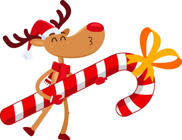 Lindo Personaje Dibujos Animados Renos Navidad Sosteniendo Bastón Caramelo Ilustración — Archivo Imágenes Vectoriales