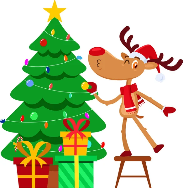 Holiday Reindeer Cartoon Character Zdobí Vánoční Stromeček Vektorové Ilustrace Plochý — Stockový vektor