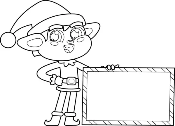 Outlined Santa Elf Helper Cartoon Character Holding Blank Sign Vector — Stock Vector