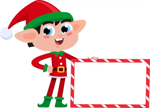 Santa Elf Helper Cartoon Character Holding Blank Sign Vector Illustration — Stock Vector