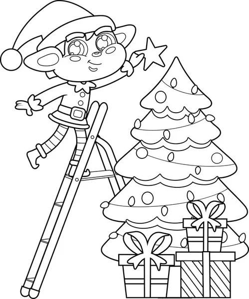 Personaggio Del Cartone Animato Delineato Decorare Albero Natale Illustrazione Disegnata — Vettoriale Stock