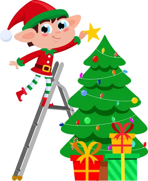 Santův Elf Pomocník Kreslený Postava Zdobí Vánoční Stromek — Stockový vektor