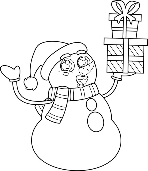 Outlined Happy Christmas Snowman Cartoon Character Holding Gift Box Vector — Stock Vector