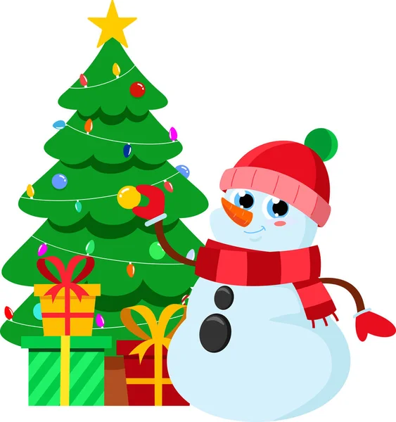 Přátelský Sněhulák Vánoční Stromek Vektorové Ilustrace Plochý Design Izolovaný Průhledném — Stockový vektor