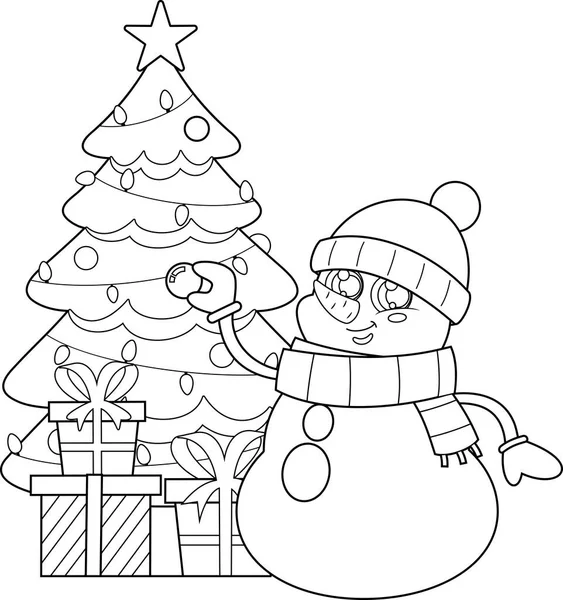 Körvonalazott Barátságos Hóember Karácsonyfával — Stock Vector