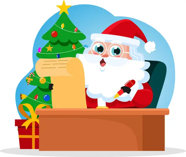 Santa Claus Cartoon Character Checking His Paper Scroll List Vector — Stock Vector