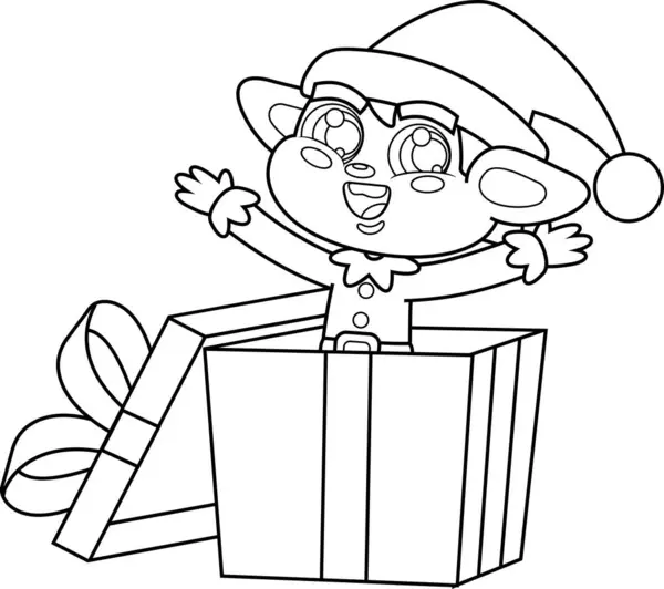 Elfo Babbo Natale Helper Cartoon Character Gift Box Illustrazione Disegnata — Vettoriale Stock