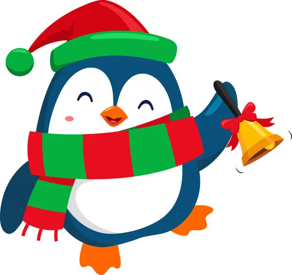 Χαριτωμένα Χριστούγεννα Penguin Cartoon Χαρακτήρα Χτυπάει Ένα Κουδούνι Διάνυσμα Εικονογράφηση — Διανυσματικό Αρχείο