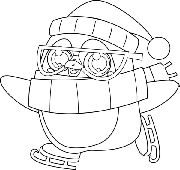 Desenhos Animados Bonito Pinguim Natal Personagem Patins Ilustração Desenhada Mão — Vetor de Stock