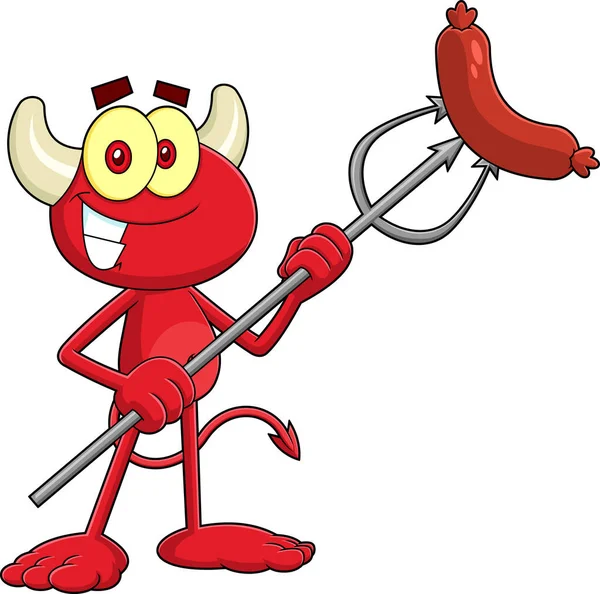 Carino Little Red Devil Cartoon Character Con Salsicce Alla Griglia — Vettoriale Stock