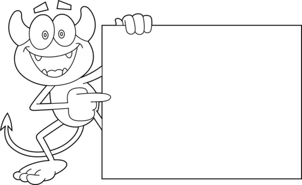 Omlijnde Happy Little Devil Cartoon Character Pointing Blank Sign Vector — Stockvector