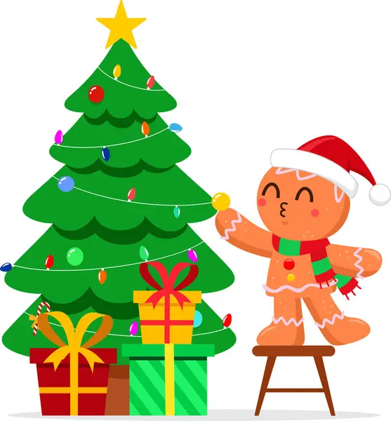 Lindo Hombre Jengibre Navidad Personaje Dibujos Animados Decora Árbol Navidad — Vector de stock