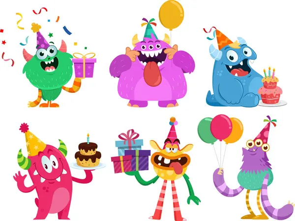 stock vector Birthday Monsters Cartoon Characters. Vector Flat Design Collection Set Isolated On Transparent Background