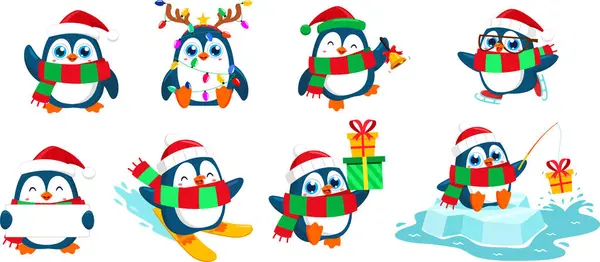 Roztomilý Vánoční Tučňák Kreslený Postavička Různých Pozicích Vektor Plochý Design — Stockový vektor