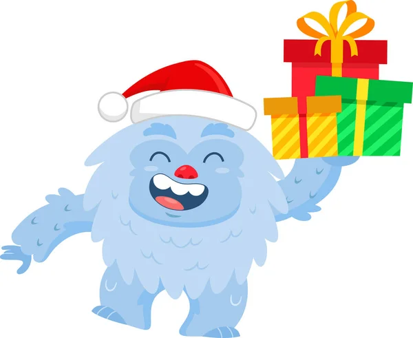 Roztomilé Vánoce Yeti Bigfoot Cartoon Character Drží Dárkové Krabice Vektorové — Stockový vektor