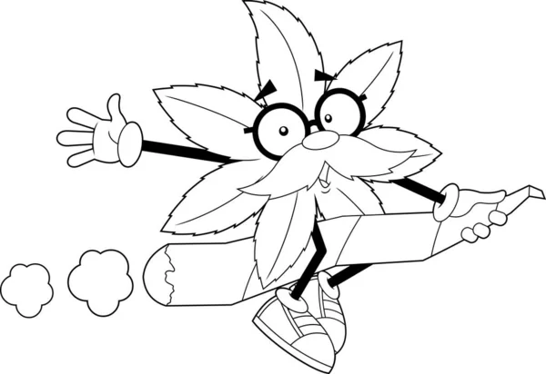 Outlined Marijuana Leaf Professor Cartoon Character Flying Marijuana Cannabis Cigarette — Vettoriale Stock