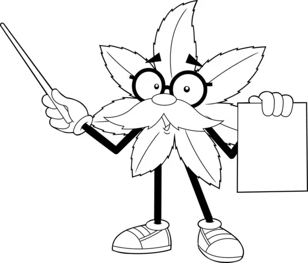 Outlined Marijuana Leaf Professor Cartoon Character Holding Pointer Vector Met — Stockvector