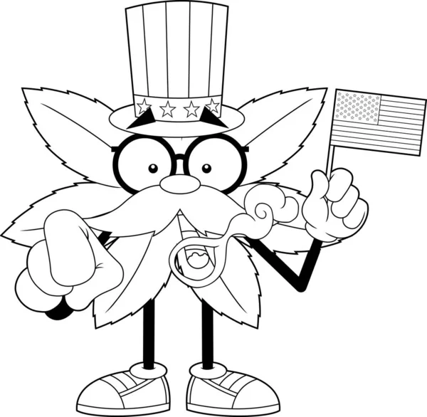 Delineato Marijuana Leaf Professor Cartoon Character Indossando Cappello Usa Sventolando — Vettoriale Stock