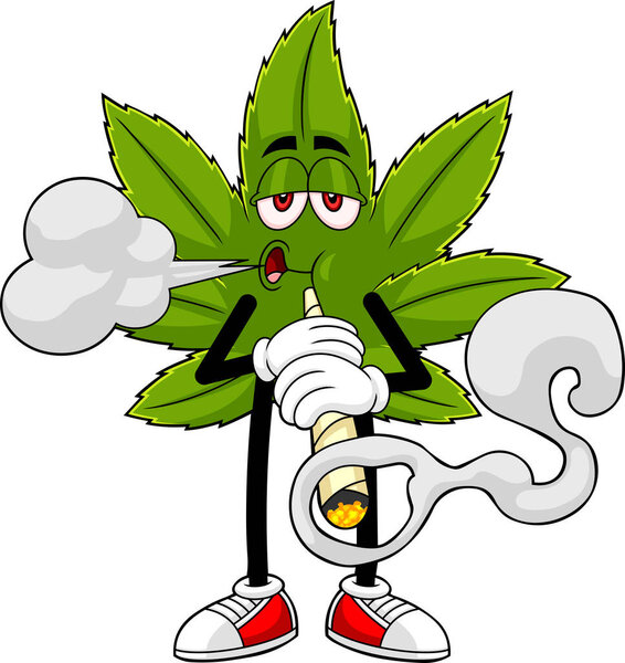 Funny Marijuana Leaf Cartoon Character Smoking A Big Joint Cigarette. Vector Hand Drawn Illustration Isolated On Transparent Background