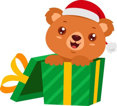 Tatlı Noel Ayısı Çizgi Film Karakteri Hediye Kutusundan Çıkıyor. Vektör Resimli Düz Tasarım Şeffaf Arkaplanda İzole Edildi