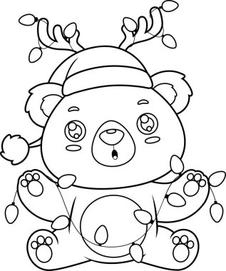 Boynuzları ve ışıkları olan sevimli Noel Ayısı Çizgi Filmi Karakteri. Vektör El Çizimi Görünümü Şeffaf Arkaplanda İzole Edildi