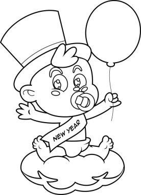 Bulutta Bir Balon Ayarlı Yeni Yıl Bebek Çizgi Filmi Karakteri. Vektör El Çizimi Görünümü Şeffaf Arkaplanda İzole Edildi