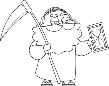 Baba Zaman Adamı çizgi film karakteri elinde kum saati ve tırpan tutuyor. Vektör El Çizimi Görünümü Şeffaf Arkaplanda İzole Edildi