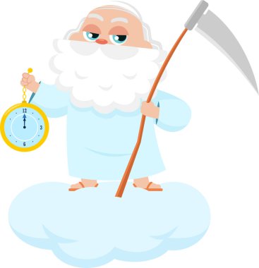 Baba Zaman Adamı Çizgi Filmi Karakteri. Tırpanla saat gösteriyor. Vektör Resimli Düz Tasarım Şeffaf Arkaplanda İzole Edildi