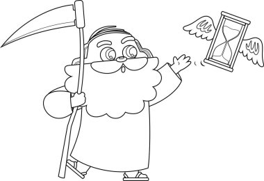 Uçan Kum Saati Yakalamaya Çalışan Tırpanlı Baba Zaman Adamı Çizgi Karakteri. Vektör El Çizimi Görünümü Şeffaf Arkaplanda İzole Edildi