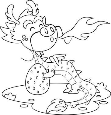 Özetlenmiş Çin Ejderhası Yumurtalı Çizgi Karakteri. Vektör El Çizimi Görünümü Şeffaf Arkaplanda İzole Edildi