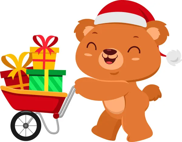 Cute Christmas Teddy Bear Cartoon Character Cart Gift Boxes Vector — Stock Vector
