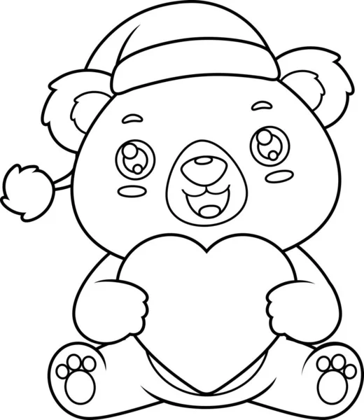 Obrys Roztomilý Vánoční Medvídek Cartoon Character Drží Srdce Vektorové Ručně — Stockový vektor