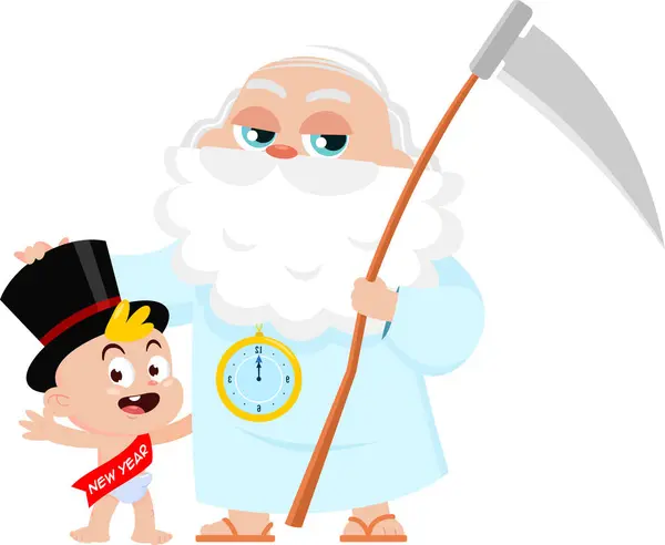 New Year Baby Father Time Man Cartoon Characters Vector Illustration — Stock Vector