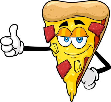 Gülümseyen Pizza Dilimli Çizgi Film Karakteri Başparmaklarını kaldırıyor. Vektör El Çizimi Görünümü Şeffaf Arkaplanda İzole Edildi