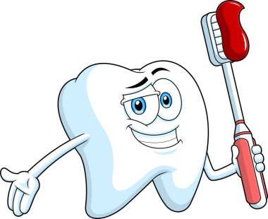 Neşeli Diş Çizgi Filmi Karakteri diş macunuyla diş fırçası tutuyor. Vektör El Çizimi Görünümü Şeffaf Arkaplanda İzole Edildi