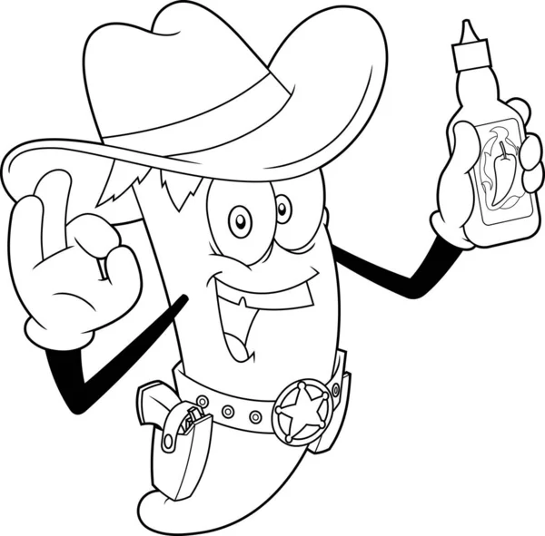Dislined Hot Chili Pepper Cowboy Cartoon Character Presenterar Bästa Hot — Stock vektor