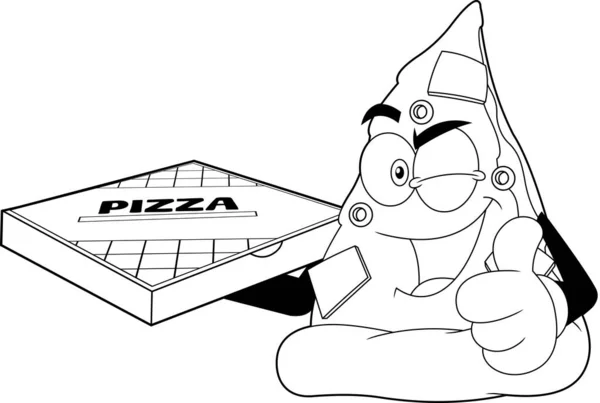 Obrysy Mrkání Pizza Plátek Kresleného Postavičky Drží Pizza Box Dává — Stockový vektor